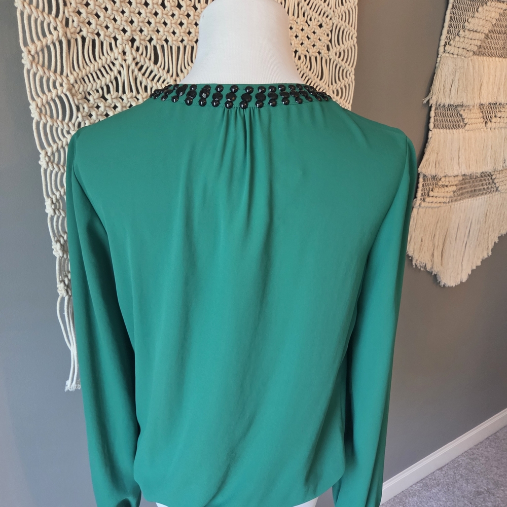 Women's Emerald Green Blouse with Black Accents - Picture 2 of 8